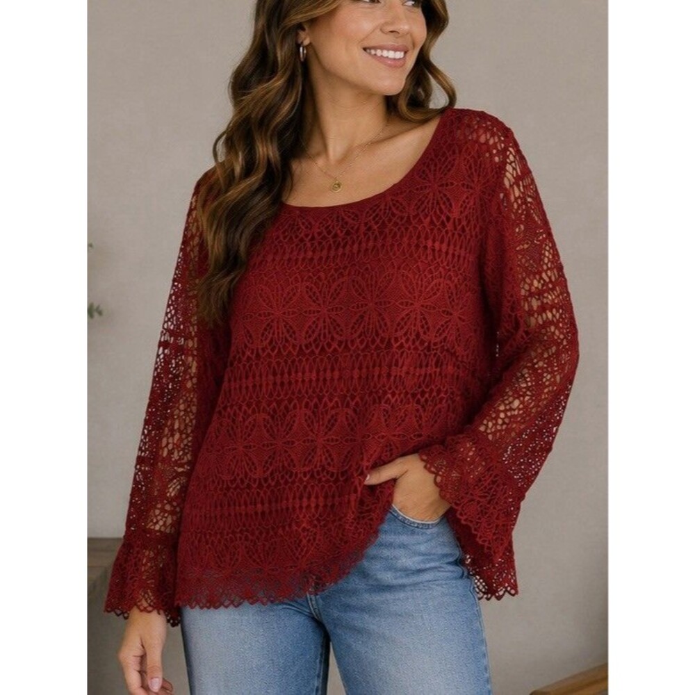 Talbots Lace Blouse Size M Red Floral Crochet Eyelet Long Sleeve Boho Top